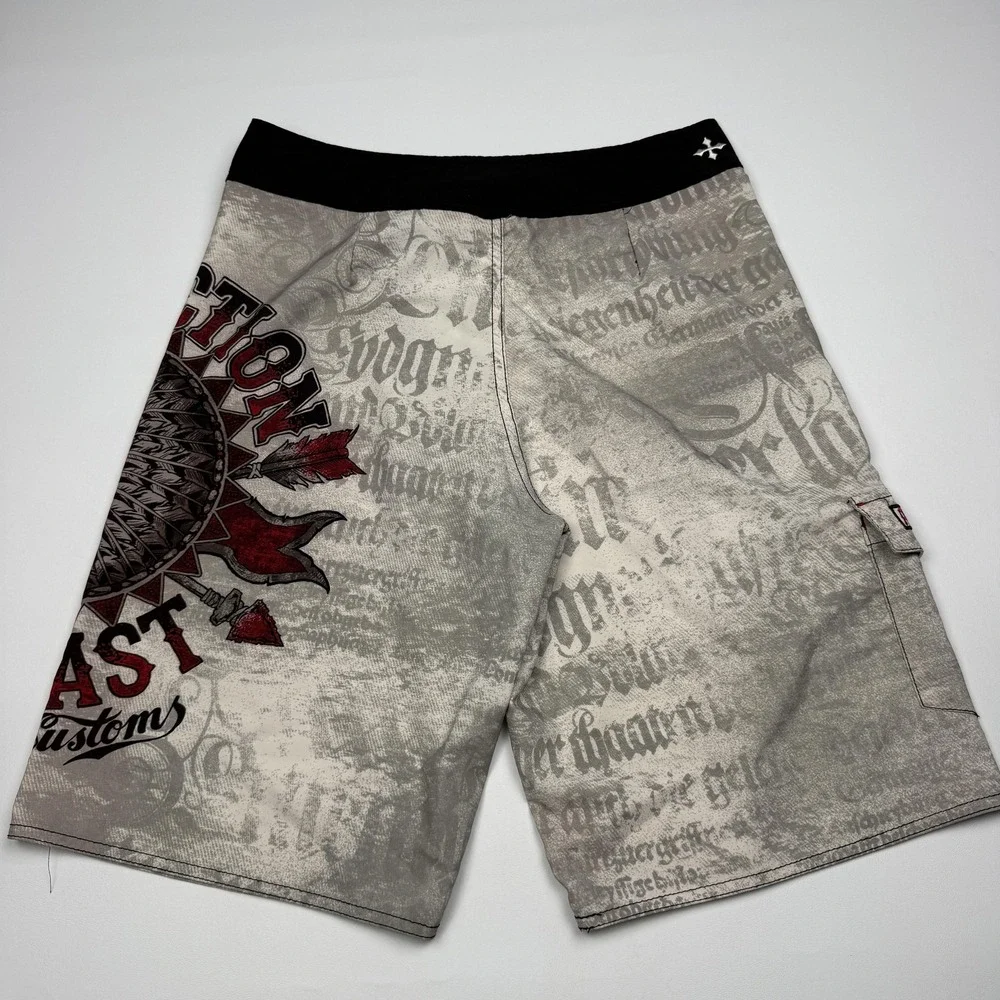 Affliction Board Shorts Mens 30 Gray Skull American Graphic Swim Surf Trunks